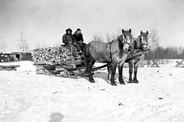 G
 George Johnson 1942 – Spring – hauling firewood for sale – George got $3-4 a cord.
Photo submitted by Muriel Mitchell